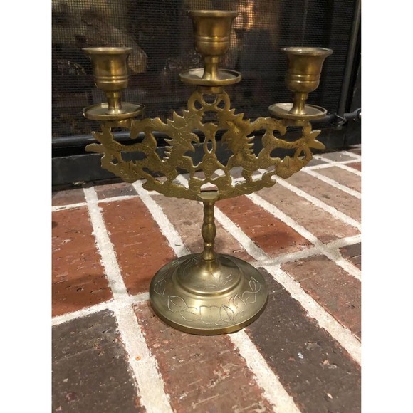 Vintage gold ornate brass candelabra for 3 candlestick holders 8 inches tall - Picture 2 of 9